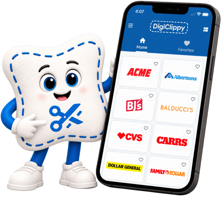 DigiClippy mascot holding scissors beside the app showing your favorite stores