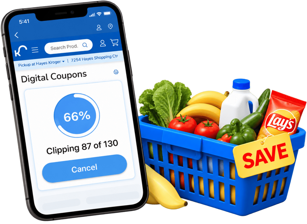 DigiClippy app clipping coupons next to a basket of groceries